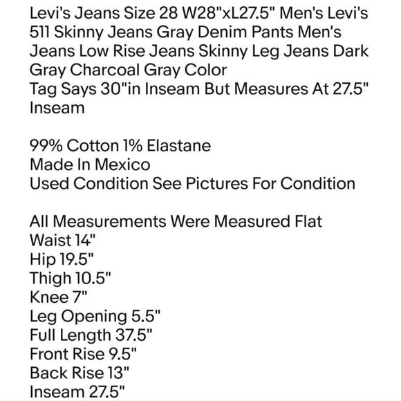Levi's Jeans Size 28 W28"xL27.5" Men's Levi's 511 Skinny Jeans Gray Denim Pants - Picture 2 of 7